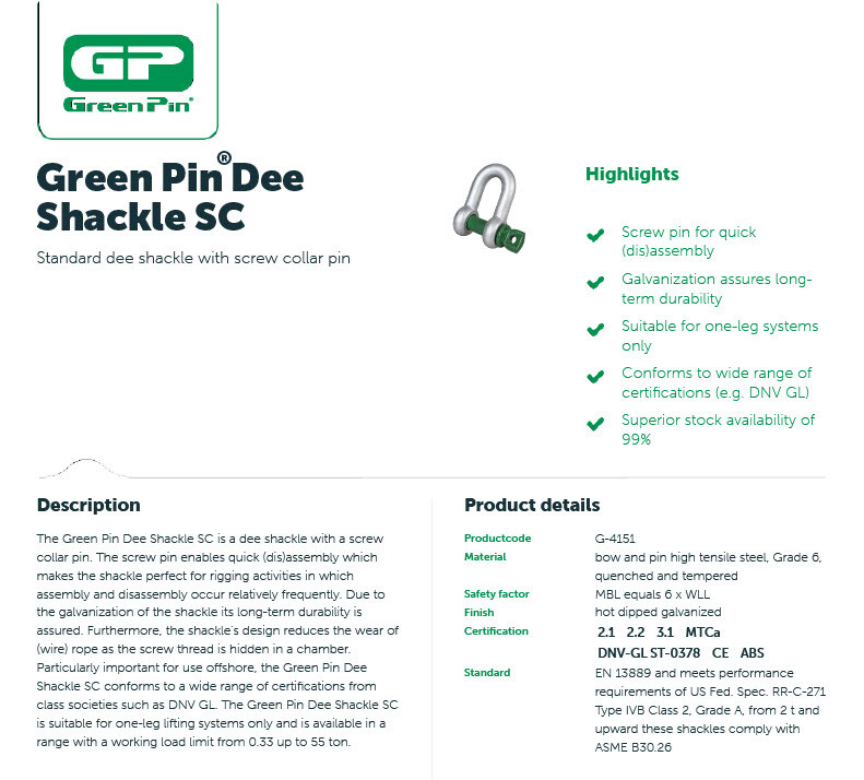 Green Pin Dee Shackle - G4151 Screw Pin Standard Bolt Type Shackle